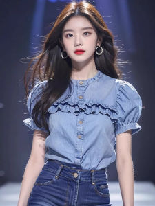 Stylish Niche Style French Sweet Unique Denim Shirt round Neck Work Clothing Younger Short Sleeve Small Shirt Chic Tops Women