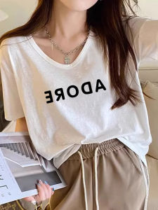 Áo Thun Cotton Mùa Hè Cổ Chữ V Tay Ngắn Dáng Rộng in Chữ Màu Trắng Tinh Khiết Thường Ngày Cho Nữ