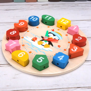 NOOUBY Mainan Jam Edukasi Anak Kayu | Puzzle Geometri Angka Bentuk | Belajar Waktu Motorik Halus Balita Prasekolah