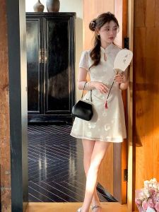 New Chinese Style A-Line Wedding Dress Womens Waist-Cinching Qipao Dress High Waist Polyester Fiber Summer Long Skirt