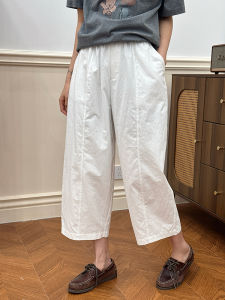 White Wide Leg Pants Womens Elastic Waist Loose Grandmother Pants Nine Points Straight Casual Cotton Blend Comfortable Fit