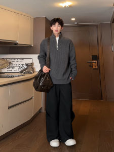 Deep Grey High Collar Mens Knitted Sweater Spring Season American Retro High Street Jacket Trendy Half Zipper Sporty Knitwear