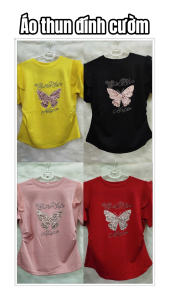 Áo thun nữ đính cườm hình bướm tay áo kết hoa co dãn