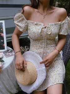 French Vintage Square Collar Bubble Hem Pure Desire Floral Print Summer Short Dress Holiday Skirt High Waist Bubble Sleeve Womens Dress