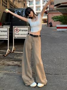 American Style High Waist Wide Leg Denim Pants Womens Khaki Loose Fitting Straight Casual Trousers Autumn New Arrival