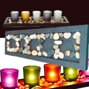 Tempat Lilin holder Lilin 5 Candle tray tealight dari Kayu include batu sungai 44 x 13 x 2 cm