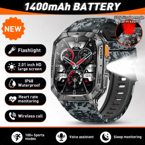 LIGE | LIGE New Rugged Military Smart Watch Men 1400 mAh battery 2.01" HD Bluetooth Call Health monitor LED Flashlight Men Smartwatch