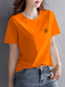 Orange Loose Short Sleeve Womens T-shirt Summer New plus Size Belly Covering Pure Cotton Casual Print Top Comfortable Fit