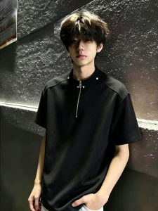 Black Studded Half Zipper Street Style T-Shirt