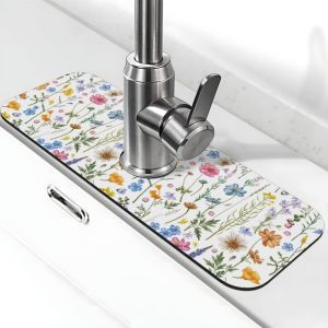 VIKAMA Spring Flower Colorful Leaves Kitchen Sink Splash Guard Faucet Faucet Guard Draining Mat for Kitchen Bathroom Home Decor