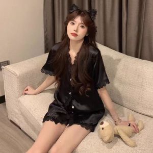 Ice Silk Sleepwear Womens Summer Thin Lace Short Sleeve Home Clothes Set Cute Sweet Style V-Neck Print Shorts Home Leisure