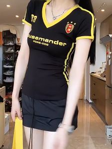⚡Port⚡ blouses women new style 2025 Korean Style V Neck Stripe Short Sleeve T-shirt Women
