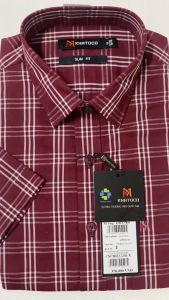 Sơ Mi Caro Tay Ngắn Màu Đỏ Đô - Trắng Form Slim Fit Chống Nhăn Lai Bầu - Áo Nam Khatoco