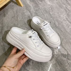 White Shoes Half Slippers Female 2024 Summer K-style Minimalist Easiest for Match Platform Bottom Increased Plaid Soft Bottom Casual Lazybones Shoes