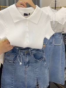 FASHLOVER Korean Fashion Elegant Polo Collar Croptop Short Sleeve Knit Top for Women