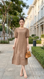 Ladyfashio06- Đầm suông thêu linen cao cấp DA055 - Thanh lịch sang trọng cho quý cô hiện đại
