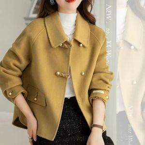 Áo khoác ngắn nữ giản dị phong cách Hàn Quốc cho mùa thu/đông Áo khoác len cừu hai mặt có túi Chiều dài ống thẳng