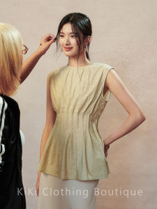 Kiki Pure Cotton Skin-friendly Breathable Gathered Waist round Neck Sleeveless Vest Top Summer Style Womens Fashion Commute