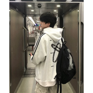 Retro American Streetwear Hooded Fleece Lined Cotton Sweatshirt Mens Heavyweight Pure Cotton Trendy Jacket Casual Print