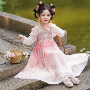 Elegant Long Sleeve Hanfu Dress for Girls Child Age 2-14 Fairy Tale Style Chinese Traditional Costume Skirt Childrens Autumn Fashion