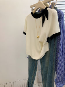 เสื้อยืดคอกลมแขนสั้นผ้าไหมน้ำแข็งถักลายผีเสื้อสำหรับผู้หญิงไซส์ใหญ่ ฤดูร้อน 2025 แฟชั่น ลดอายุ ปกปิดหน้าท้อง เสื้อผ้าทำงานสไตล์เกาหลี