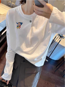 Casual Loose Womens White T-shirt Spring New Design Cotton Print Shoulder Length Sleeve round Neck Pullover Top Trendy