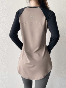 Womens Yoga Fitness Clothes Long Sleeve Breathable Quick Dry Dance Sportswear Polyester Fabric Mid-Length Color Block Slim Fit