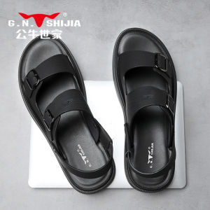 Fathers Day Gift Bull Family Leather Slippers Mens 2025 New Summer Outdoor Sandals Genuine Leather Beach Slippers