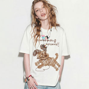 Summer Graffiti Dog Print Loose Fit White T-Shirt
