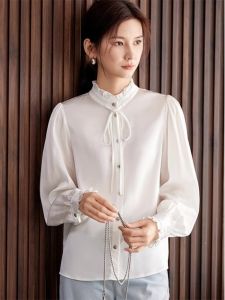 WANGGONGZHU | Elegant Satin Chiffon Shirt Women Summer New Style Age-Defying Design Loose Fit Long Sleeve Pure Color Commute Fashion Princess Style