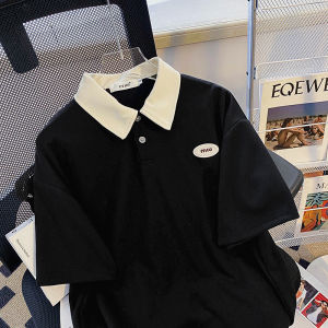 สีดำ เสื้อโปโลแขนสั้นเย็บหน้าอก ลำลอง Contrast ปกเสื้อ เสื้อยืดผู้ชาย ฤดูร้อน สลิมฟิต หลากหลาย โพลีเอสเตอร์ ผ้าฝ้าย Blend