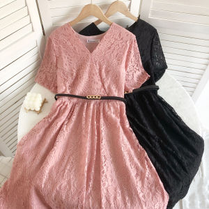 New Summer New Arrival Socialite Retro V-neck Lace Short Sleeve Waist-Controlled Slim Looking Mid Length Long Length Dress Female Matching Belt