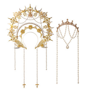 Womens Halo Crown Mary Goddess Headband Goddess Headwear Fake Pearl Chain For Evening Photo Hair Hoop