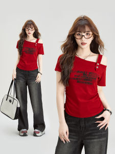 American Style Slim Fitting Red Slanted Collar Short Sleeve T-shirt