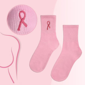 Ribbon Embroidered Breast Cancer Awareness Socks Cozy Soft Crew Socks Great Gifts For Ladies Youth Sports Clubs & Family