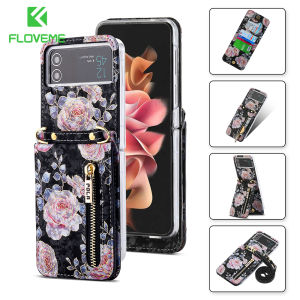 FLOVEME Crossbody Flower Leather Phone Case For Samsung Galaxy Z Flip 5 Flip 4 Flip 3 5G Coque Fashion Detachable Lanyard Women Zipper Card Slot Shockproof Back Cover For Galaxy Z Flip 5 Flip 4 Flip 3