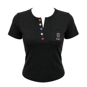 Short-sleeve henley t-shirt with heart-shaped buttons and bunny embroidery on pocket.