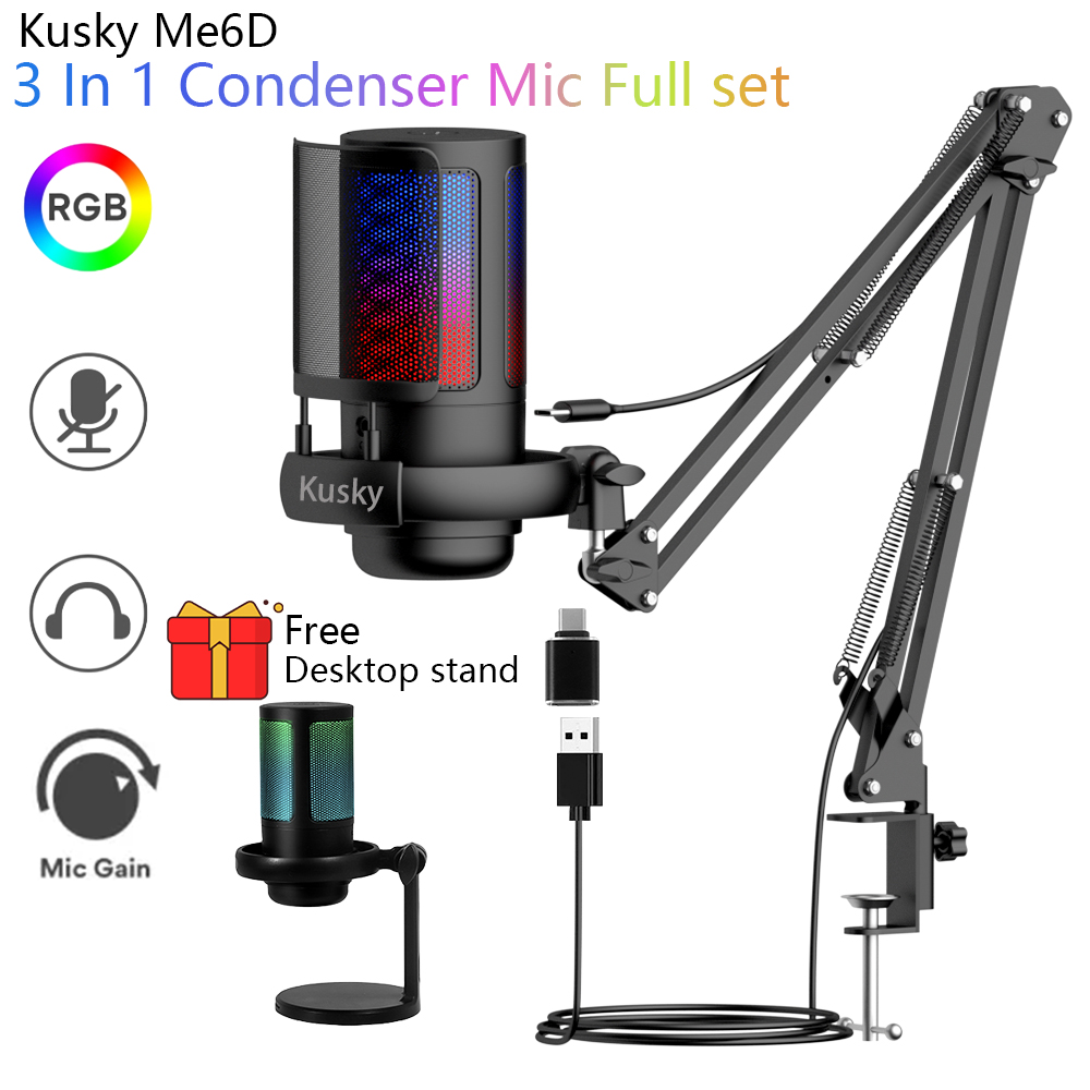 Kusky Me6D RGB USB Mic Condenser Gaming microphone for videoke live streaming vlogging Noise Reduction MuteGain