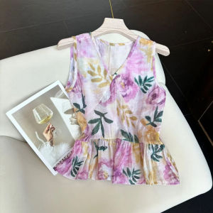 Shalldoer | French Elegant V-neck Floral Splicing Sleeveless Shirt Womens New 2025 Summer Thin Breathable High-grade Top Casual Style
