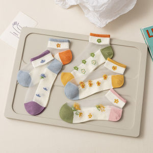 Summer New Arrival Student Leaves and Flowers Crystasilk Sock Japanese Girls Thin Ankle Sock Flats Glass Stockings