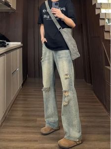 Nam Vintage Rách Denim Quần Jean Chân Thẳng Micro Loe Rửa Sạch Xuân Hè Phong Cách Mới Cảm Giác Cao Cấp
