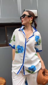 🔖Mirrorsister 50805.3 ชุดเซ็ตเสื้อเชิ้ตแขนสั้นคู่กางเกงขายาว พิมพ์ลายดอกไม้ไซส์ใหญทั้งชุด เนื้อผ้าใส่สบาย ใส่ได้บ่อย