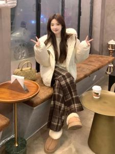 กางเกงขายาวทรงตรงผ้าขนสัตว์บุขนแกะลายสก็อตเอวสูง ทรงหลวม กางเกงขายาวทรงตรง ทรงหลวม ทรงยาวถึงพื้น