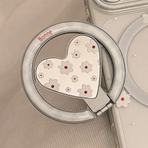 Korean Fold Love Heart Flowers Mirror Magnetic Bracket Phone Case for iPhone 17 16 15 14 13 11 12 Pro Max Clear Shockproof Cover