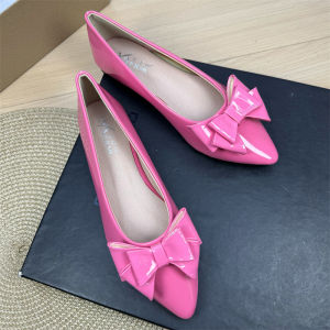 Summer 2025 Womens Flat Shoes with Butterfly Knots Painted Leather Slip-On Pointed Toe Bean Shoes Large Size Fashionable