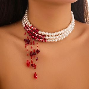 Ingemark | Multilayer Vintage Red Blood Pattern Imitation Pearl Tassel Pendant Necklace for Women Goth Crystal Bead Chain Halloween Jewelry