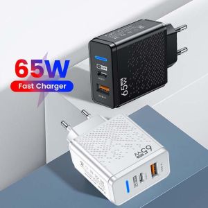 ♥ SFREE Shipping ♥ 65W EU / US / UK Plug Fast Charger 2 in 1 USB-C USB-A Quick Charging Adapter Dual Port PD Power Delivery Charging Block GaN QC3.0 Wall Charger compatible for Laptops Tablets Phones