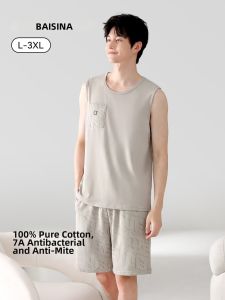 Baisina | Mens Summer Cotton Vest and Shorts Sleepwear Set