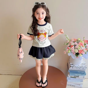 Cute Cartoon Baby Girl Summer Outfit Short Sleeve Skirt Set Korean Style Cotton Material School Gift Suitable Half Body Skirt