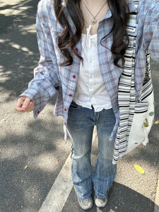 Áo Sơ Mi Kẻ Caro Cổ Polo Tay Dài Thường Ngày Mùa Hè Cho Nữ Áo Chống Nắng Dáng Rộng Chất Liệu Cotton Phong Cách Retro